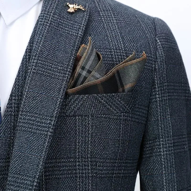 Linen Suit (Blazer+ Vest+Pants) Men's Fashion Hosts British Style Work