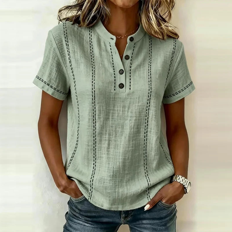 Elegant Women Blouse Shirt V Neck Button Patchwork Short Sleeve Shirts