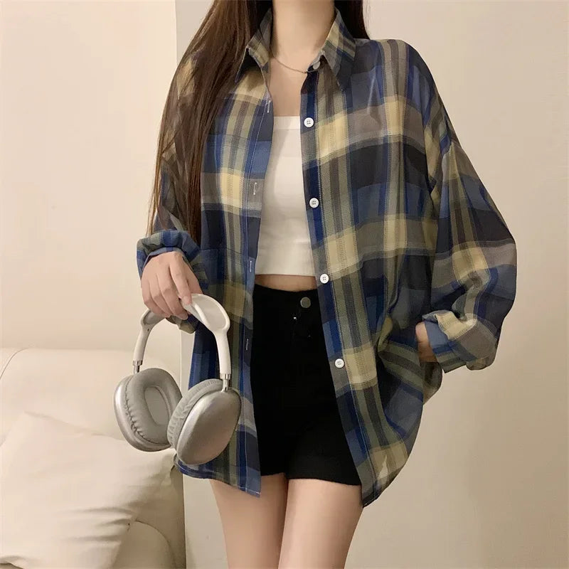 Tops Women Sheer Chiffon Plaid Shirt Long Sleeve Button Up Collared