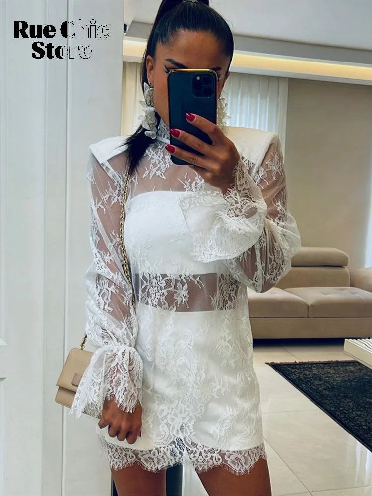 Chic Black Lace See Through Lady Fashion Top Half-high Collar Full