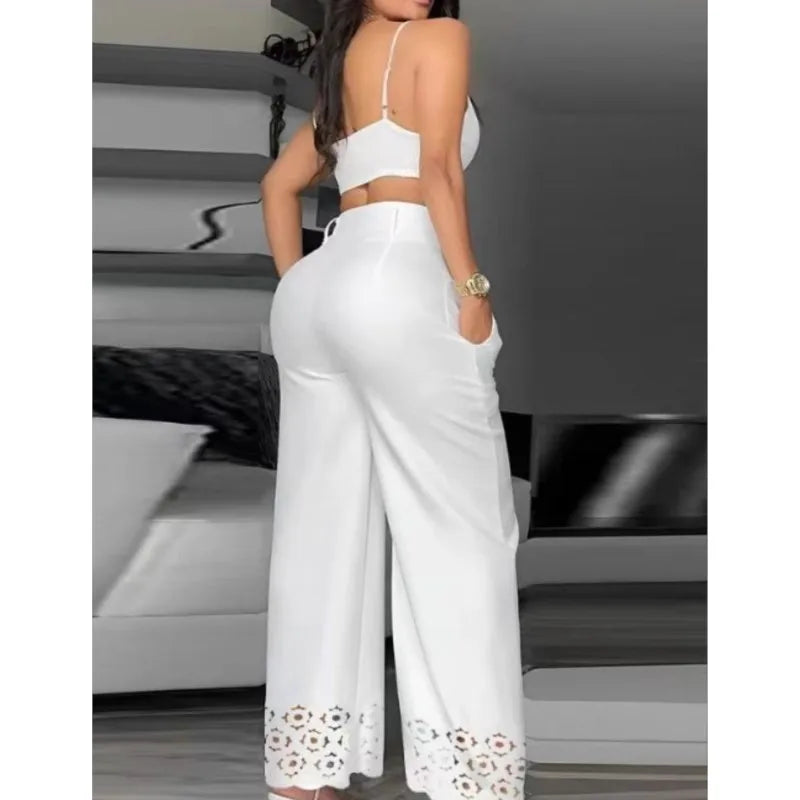 Summer Sexy 2 Piece Set Women V-Neck Strap Shirred Slim Crop Top &