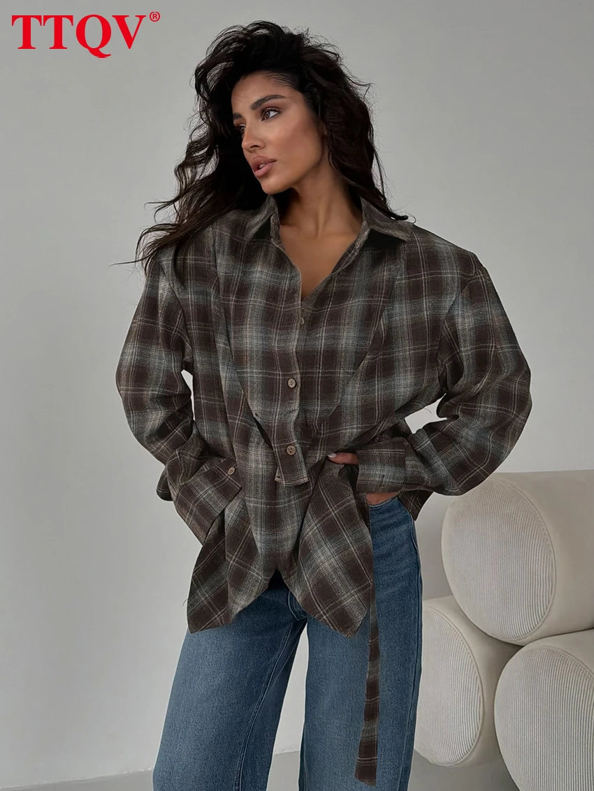 TTQV Fashion Loose Plaid Women's Blouse 2026 Vintage Lapel Long Sleeve