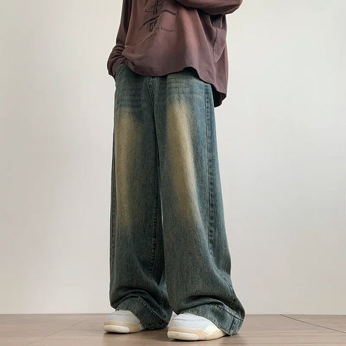 Distressed Vintage Blue Jeans Pants Men Wide-leg Denim Trousers Male