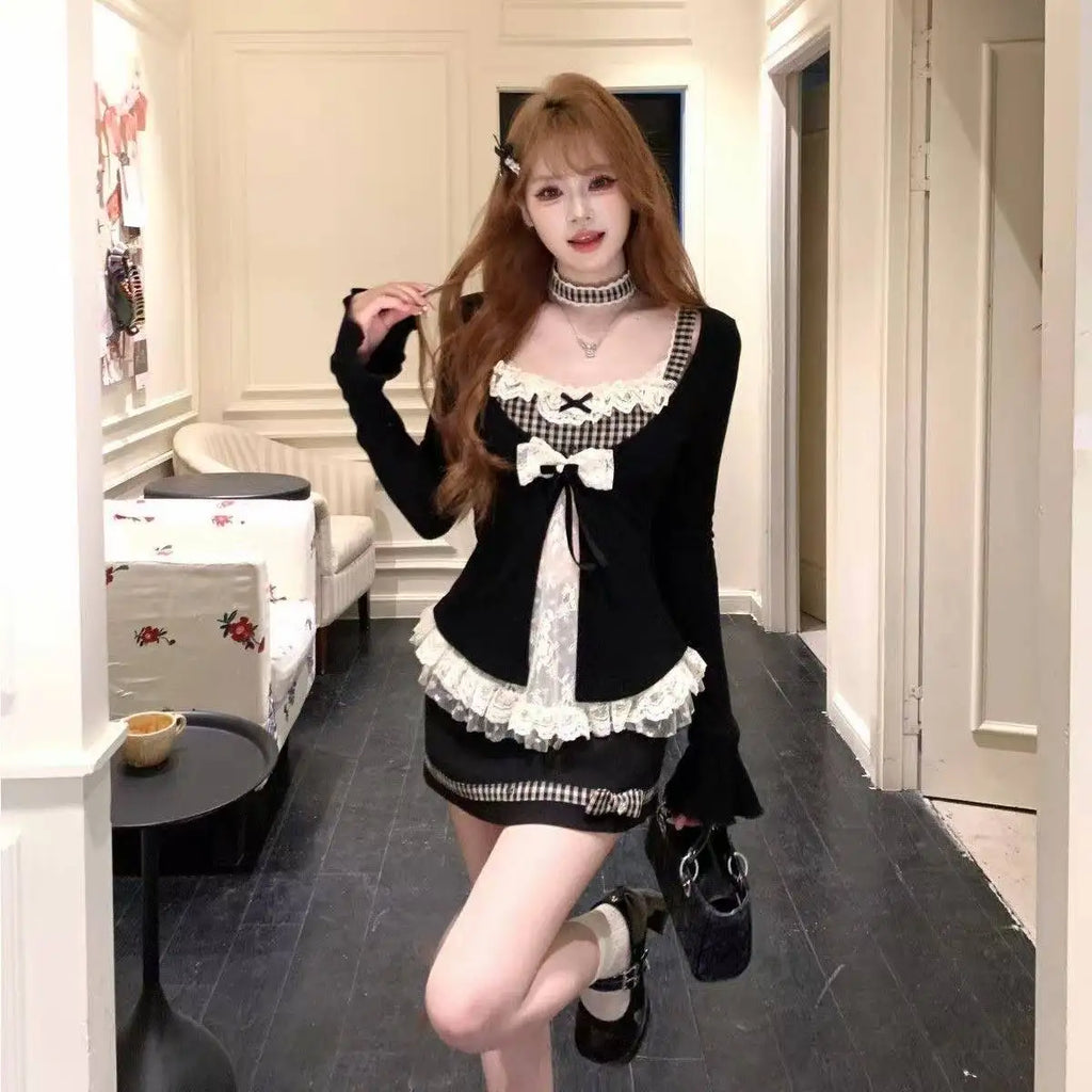 Korean Fashion Elegant Patchwork Lace Tops Slim Casual Long Sleeve