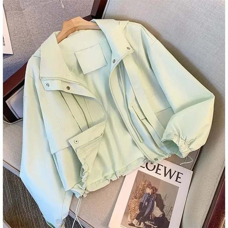 2025 New Spring Autumn Coat Women Cropped Hooded Jacket Casual Thin
