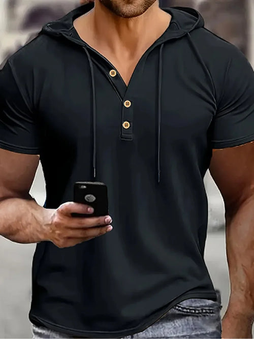 Men's Henry Shirt Solid Color Casual Short Sleeve Hooded Polo Shirts
