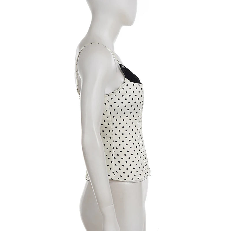 SUCHCUTE Chic Lace Patchwork Polka Dot Camis Tops Elegant Sleeveless