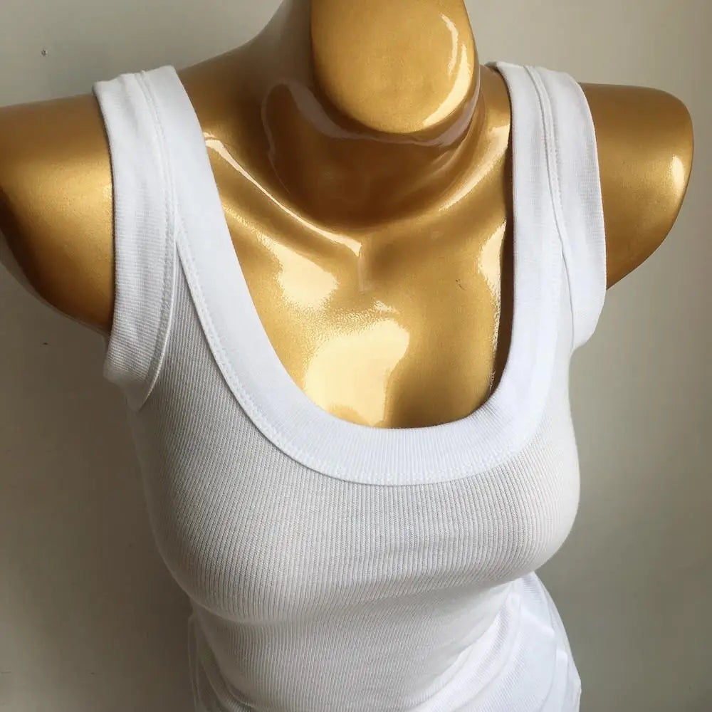 Summer Wide Shoulder Straps Slim Fit White Tank Top Sexy Low Cut