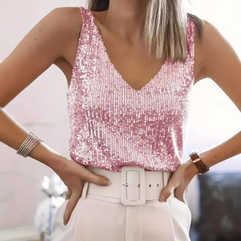 Women Sequin V Neck Tank Top Sleeveless Sparkly Camisole Slim Fit
