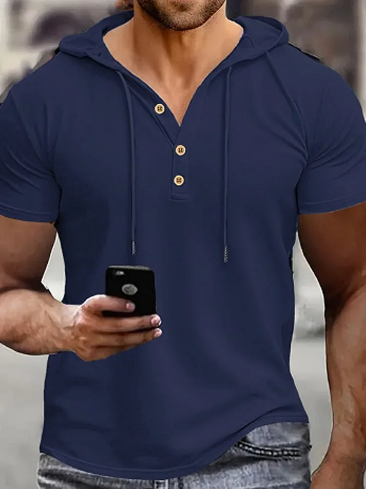 Men's Henry Shirt Solid Color Casual Short Sleeve Hooded Polo Shirts