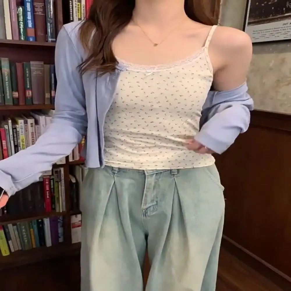 Elegant Lace Flower Print Camis 2024 Y2K Slim Sexy Vest Floral Tops