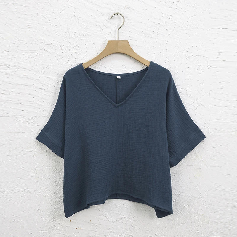 Muslin 100% Cotton Short Sleeve Tee Sexy V-Neck Oversized T-Shirt