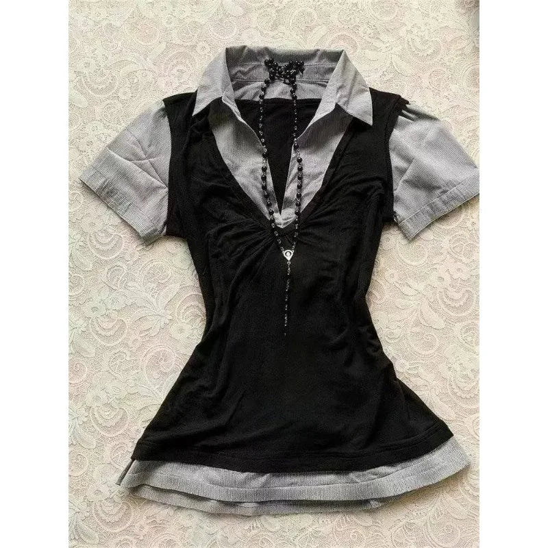 Retro Japanese Short Sleeve Tops Women Y2K Fairy Grunge Ruffle Blouse