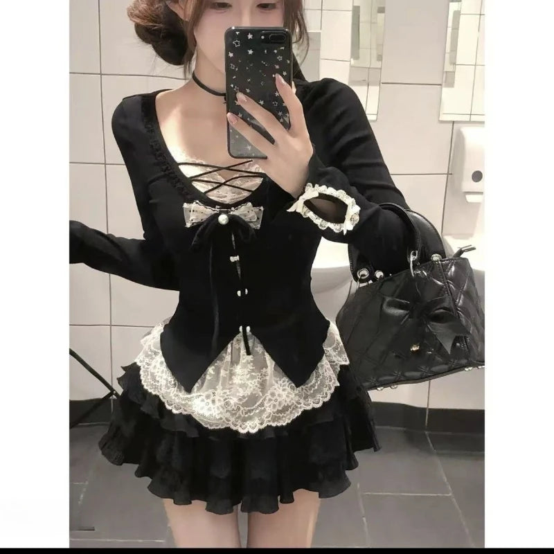 Korean Fashion Elegant Patchwork Lace Tops Slim Casual Long Sleeve