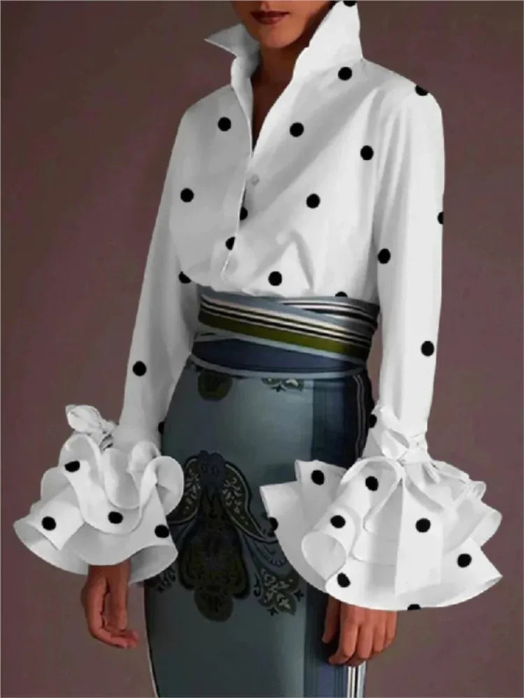 Women Elegant Flared Sleeves Falbala Blouses Tops Spring Autumn New