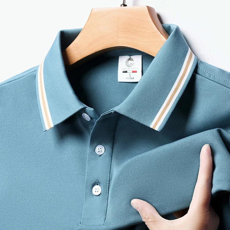 Men's Fashion Solid Short Sleeved Striped Lapel Polo Shirt Summer