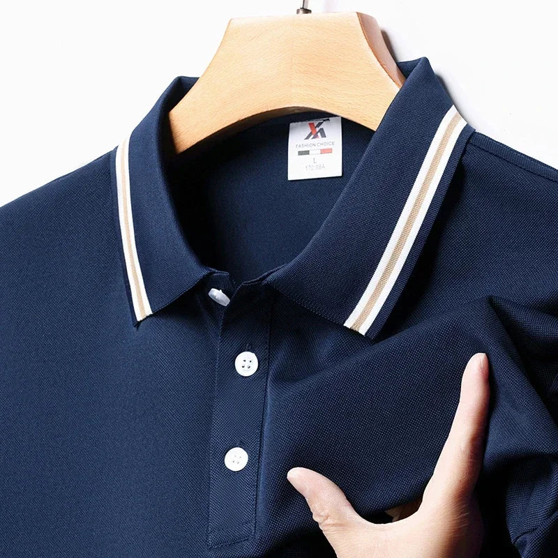 Men's Fashion Solid Short Sleeved Striped Lapel Polo Shirt Summer