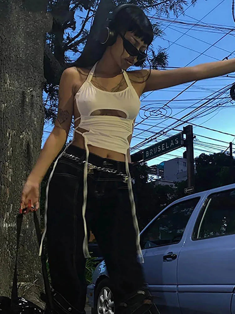 Y2K Sexy Backless Summer Crop Top Women Hollow Out 2025 White