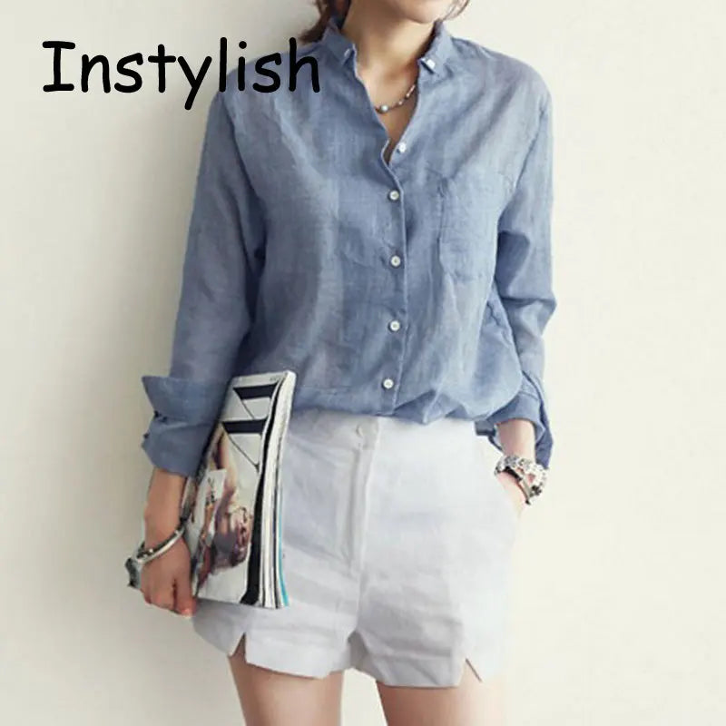 Women Autumn Korean Harjauku Solid Cotton and Linen Blouse Vintage