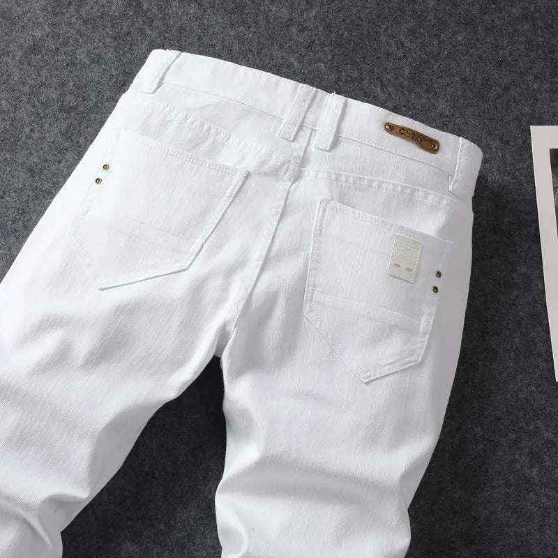 Four season men's fashionable white casual stretch straight leg jeans