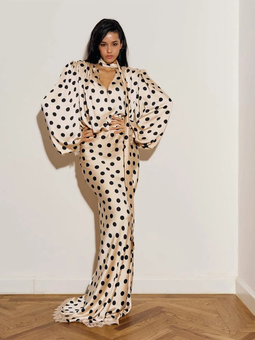 Black Polka Dot V Neck Shirt Skirt 2 Piece Set Women Elegant Long