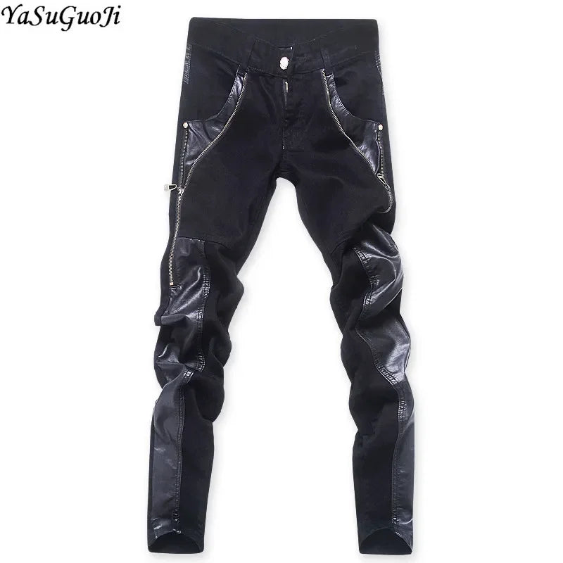 YASUGUOJI New 2024 Punk Style Fashion Slim Fit Pu Leather Patchwork