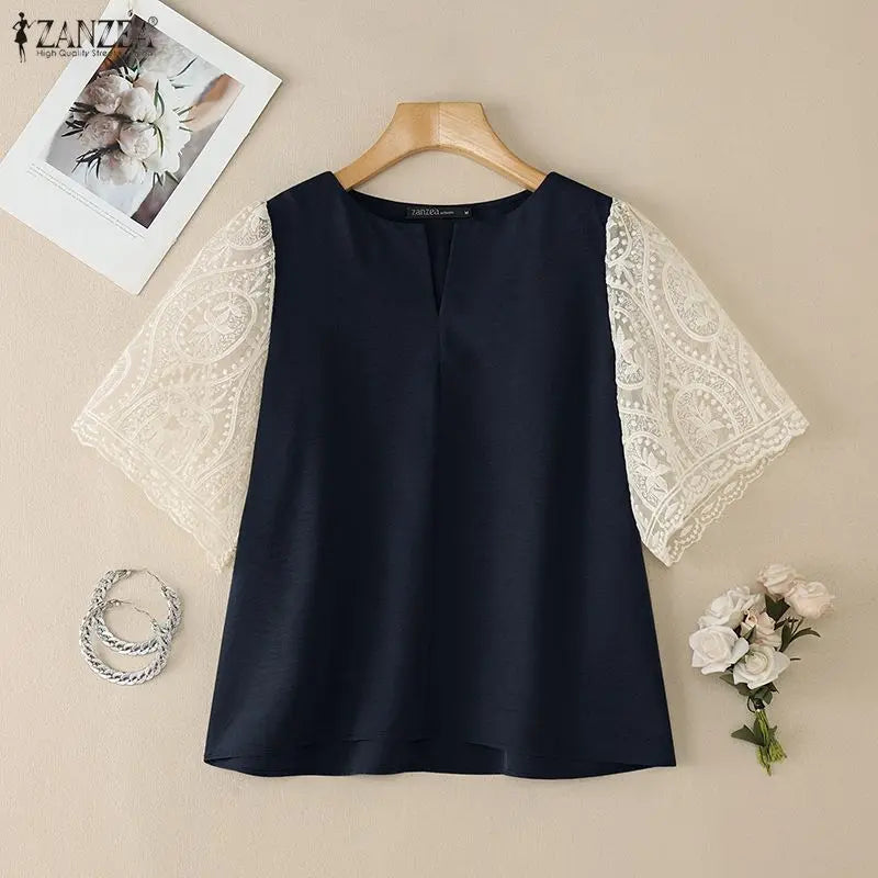 2026 Summer Lace Patchwork Blouse ZANZEA Women Elegant 3/4 Sleeve Work