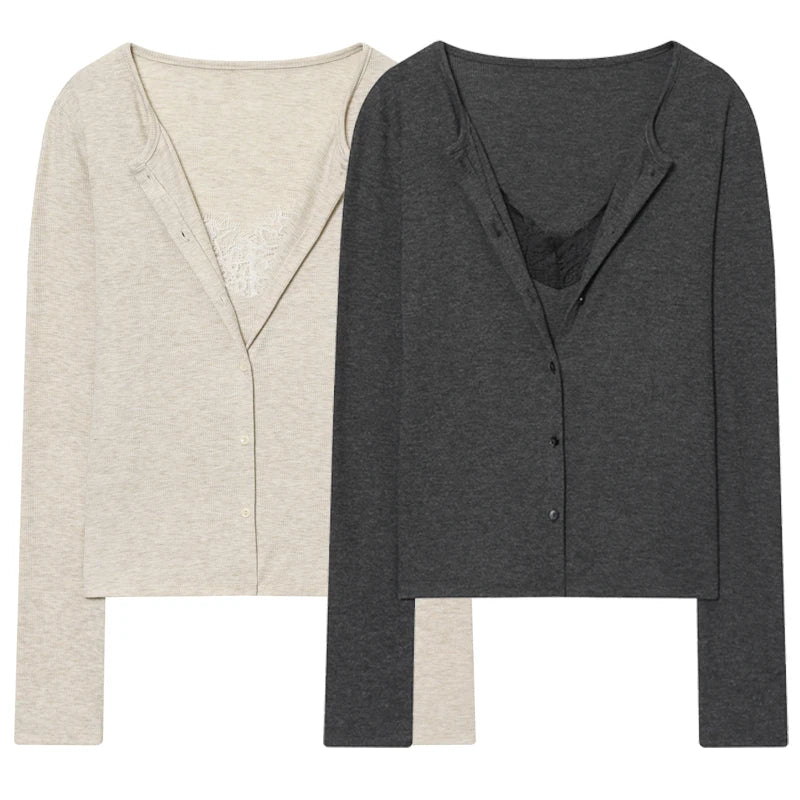 HXAO Cropped Lace Top Woman Blouses Autumn Grey Beige Shirts & Blouses