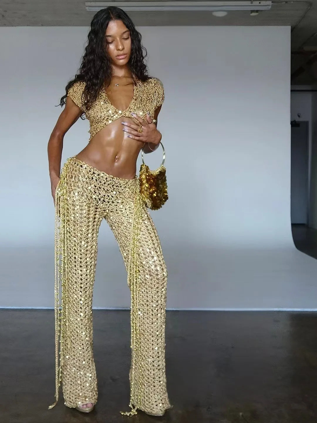 FAGADOER Sexy Hollow-out Sequin 2 Pieces Set for Woman Solid Deep
