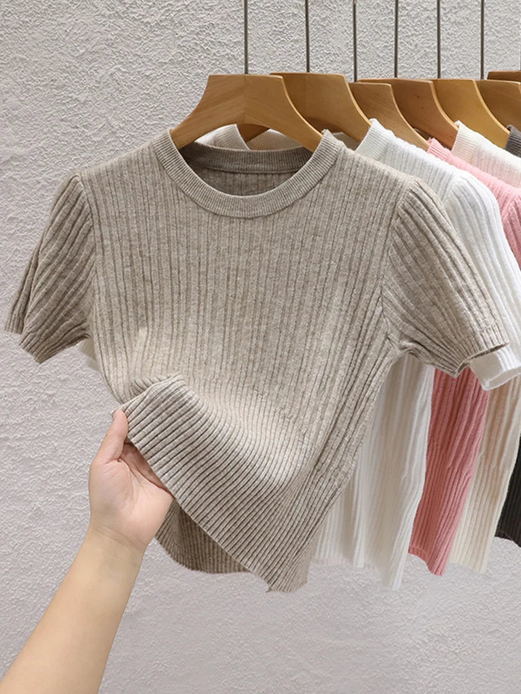 2026 Summer T shirts for Women Casual Female Korean Knit Streetwear
