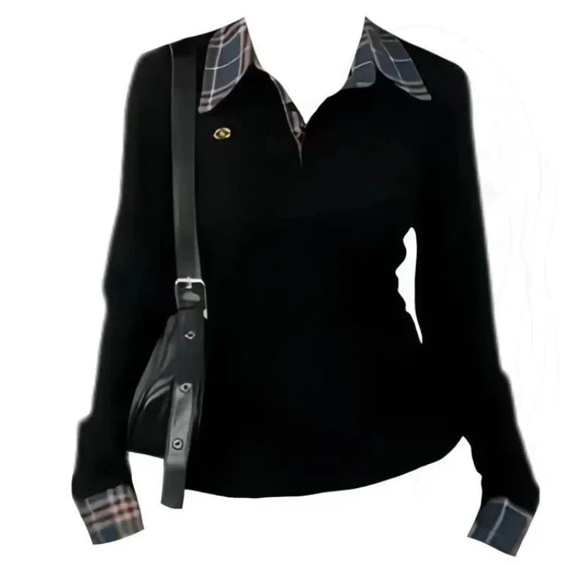 Polo Neck Plaid Patchwork Embroidery T Shirts Spring Autumn Fake