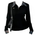 Polo Neck Plaid Patchwork Embroidery T Shirts Spring Autumn Fake