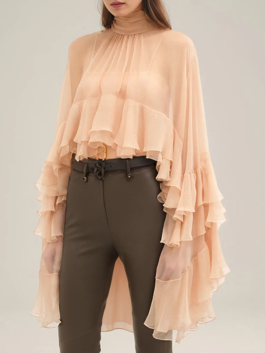 TWOTWINSTYLE Solid Loose Sheer Blouses for Women High Neck Long