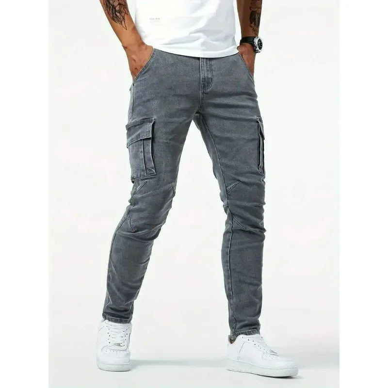 Street Elastic Jeans Men Denim Cargo Pants Wash Solid Color Multi