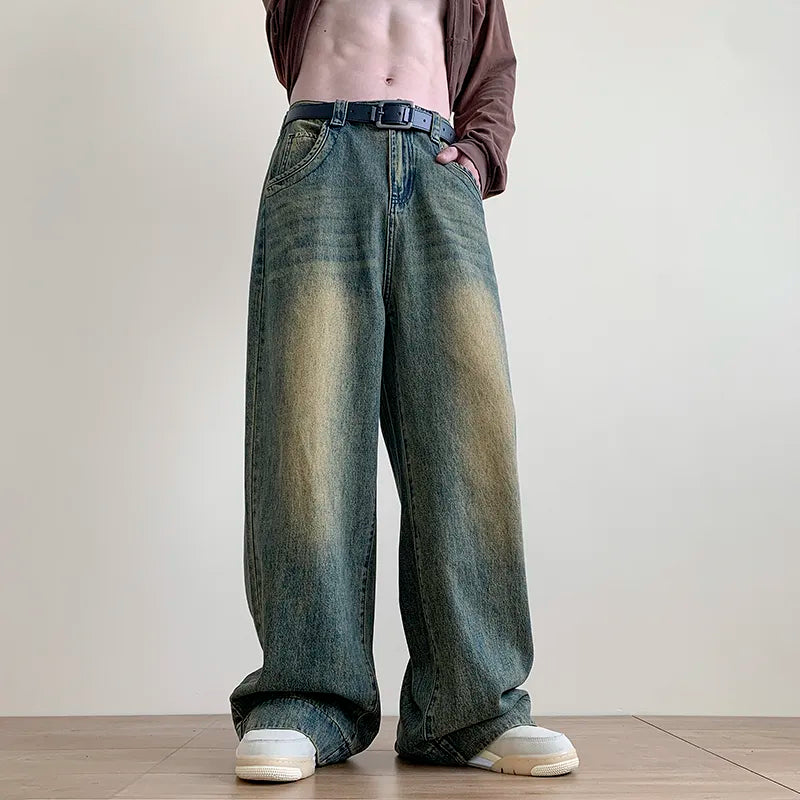Distressed Vintage Blue Jeans Pants Men Wide-leg Denim Trousers Male