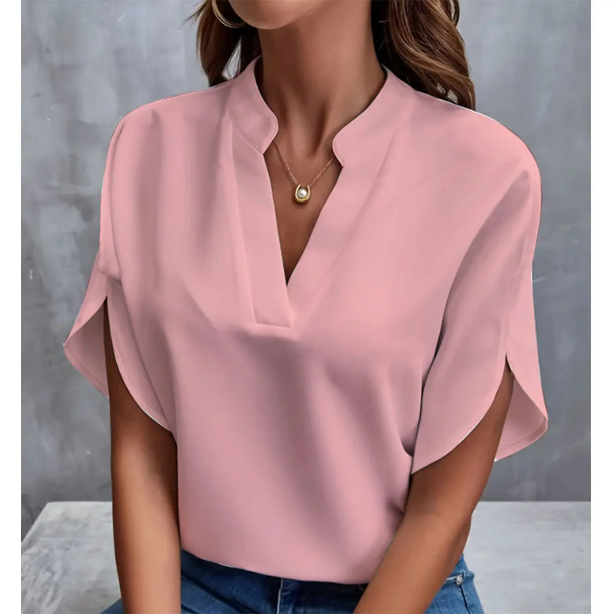 Women Elegant Solid V Neck Blouse Casual Short Sleeve Loose Shirt