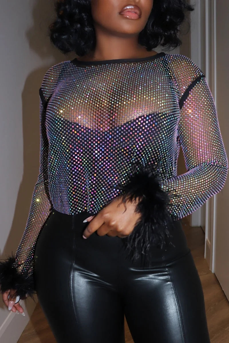 Women‘s Plus Size Mesh T shirt Feather Sleeve Sexy Sequin Cropped Top
