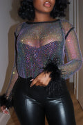 Women‘s Plus Size Mesh T shirt Feather Sleeve Sexy Sequin Cropped Top