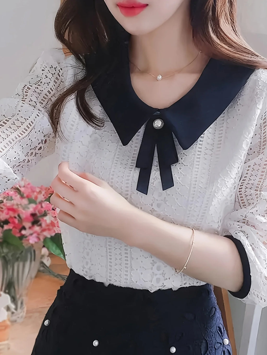 Women's Spring Autumn Style Lace Blouses Shirt Women Peter Pan Collar