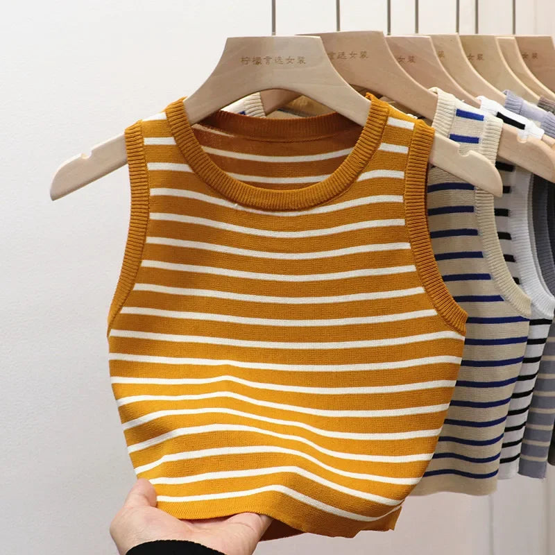 Summer Spring Striped Tank Tops Women Sleeveless Knitted T-Shirts Crop