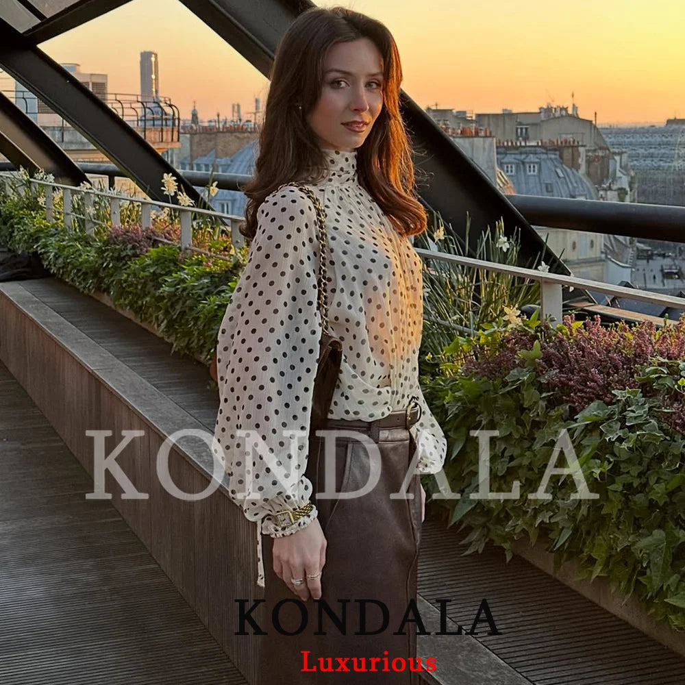KONDALA Casual Chic Polka Dot Shirts Women Bow Tie Long Sleeve White