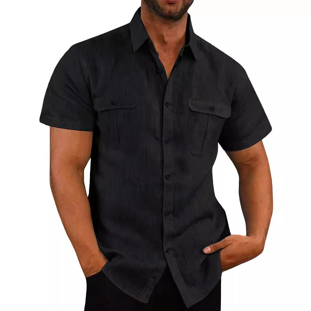 Men's Shirt Double Pocket Cotton Linen Short Sleeve Shirts for Men