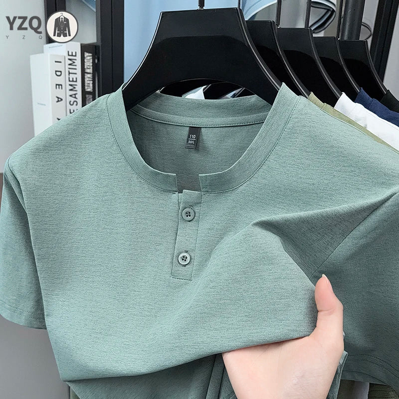 High elastic mens plain henley short sleeve shirt soft knit thin split