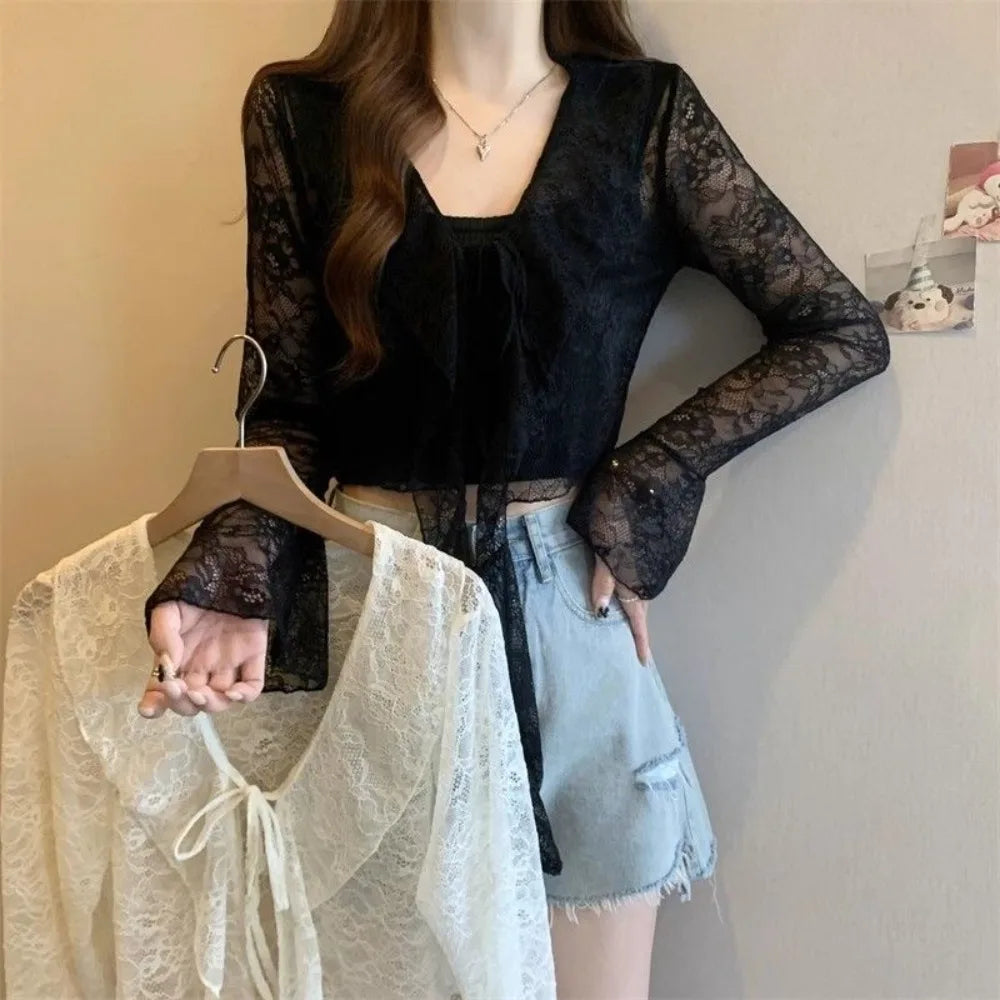 Summer Sweet Women Sun Protection Blouse Fashionable Bell Sleeve Lace