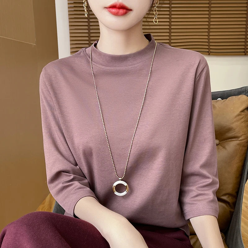 Summer And Autumn New 100% Cotton T-shirt Women's Semi-High-Necked