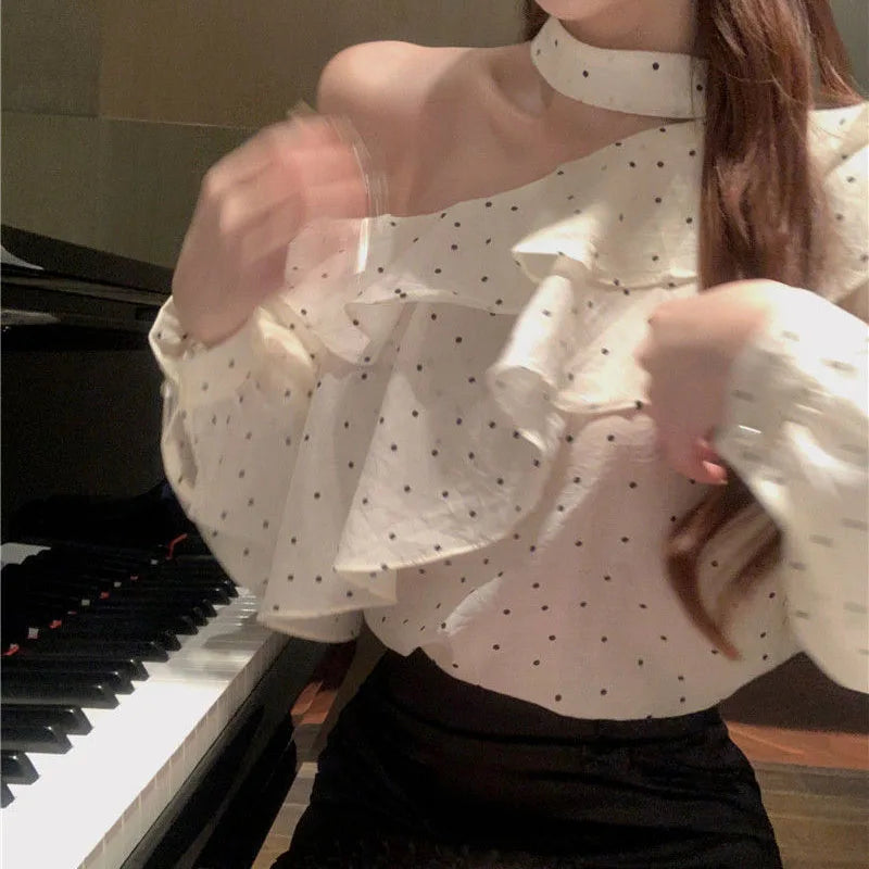 French Style Halter Neck Polka Dot Chiffon Shirts Woman Elegant Off