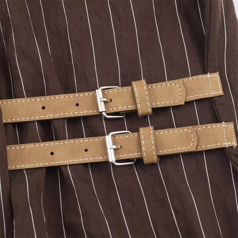 Women's Shirt 2025 Winter New Style Reddish-Brown Striped Long-Sleeve