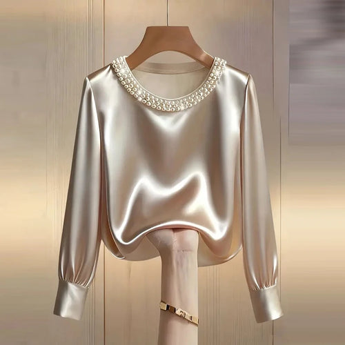 Elegant Satin Shirt Women Spring Autumn Bead Design Long Sleeve Silk