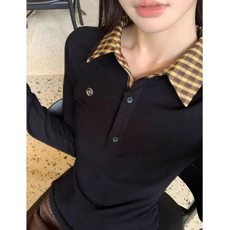 Polo Neck Plaid Patchwork Embroidery T Shirts Spring Autumn Fake