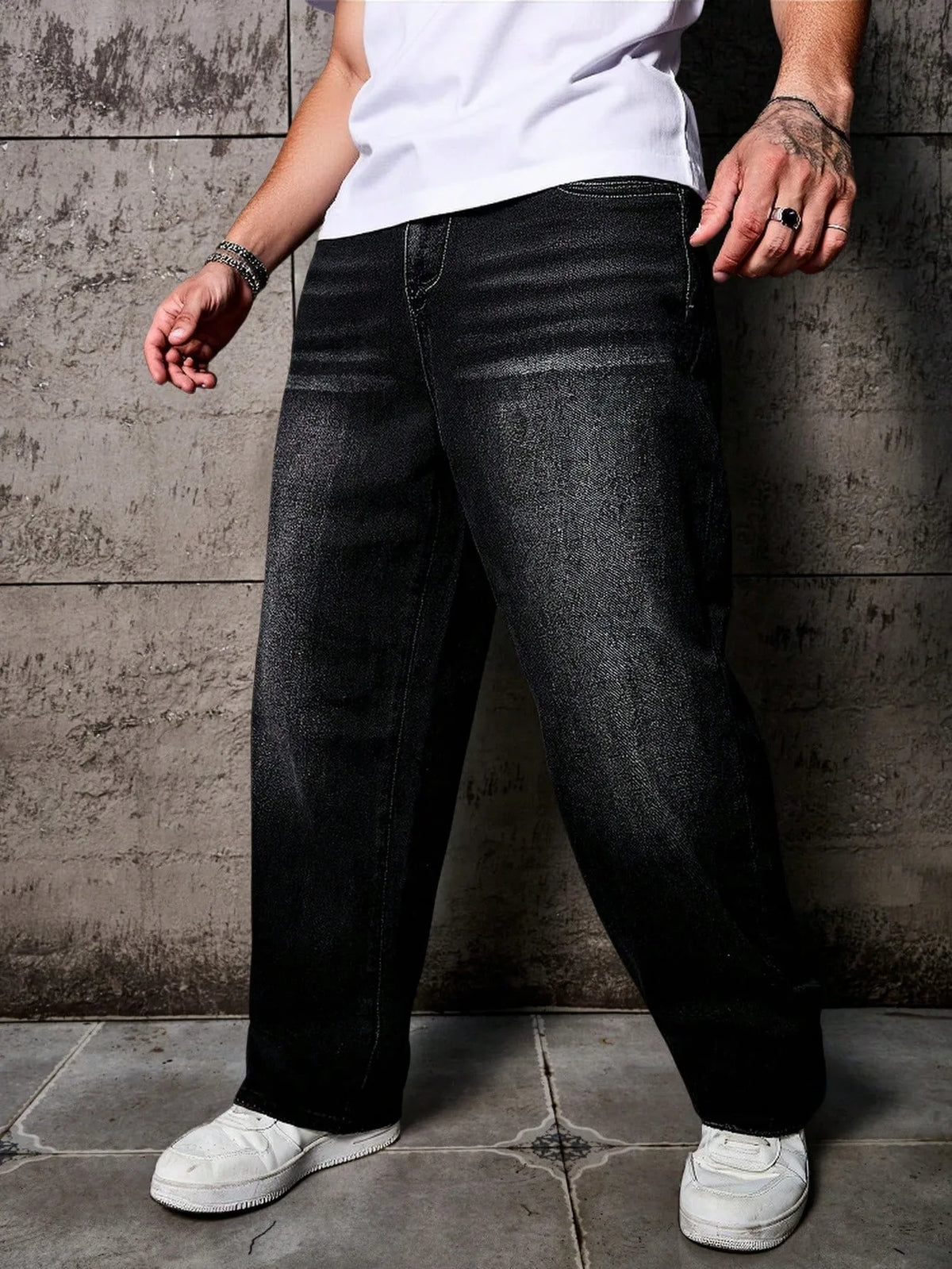 1pc Vintage Style Men's Black Washed Distressed Loose Wide Leg Relaxed